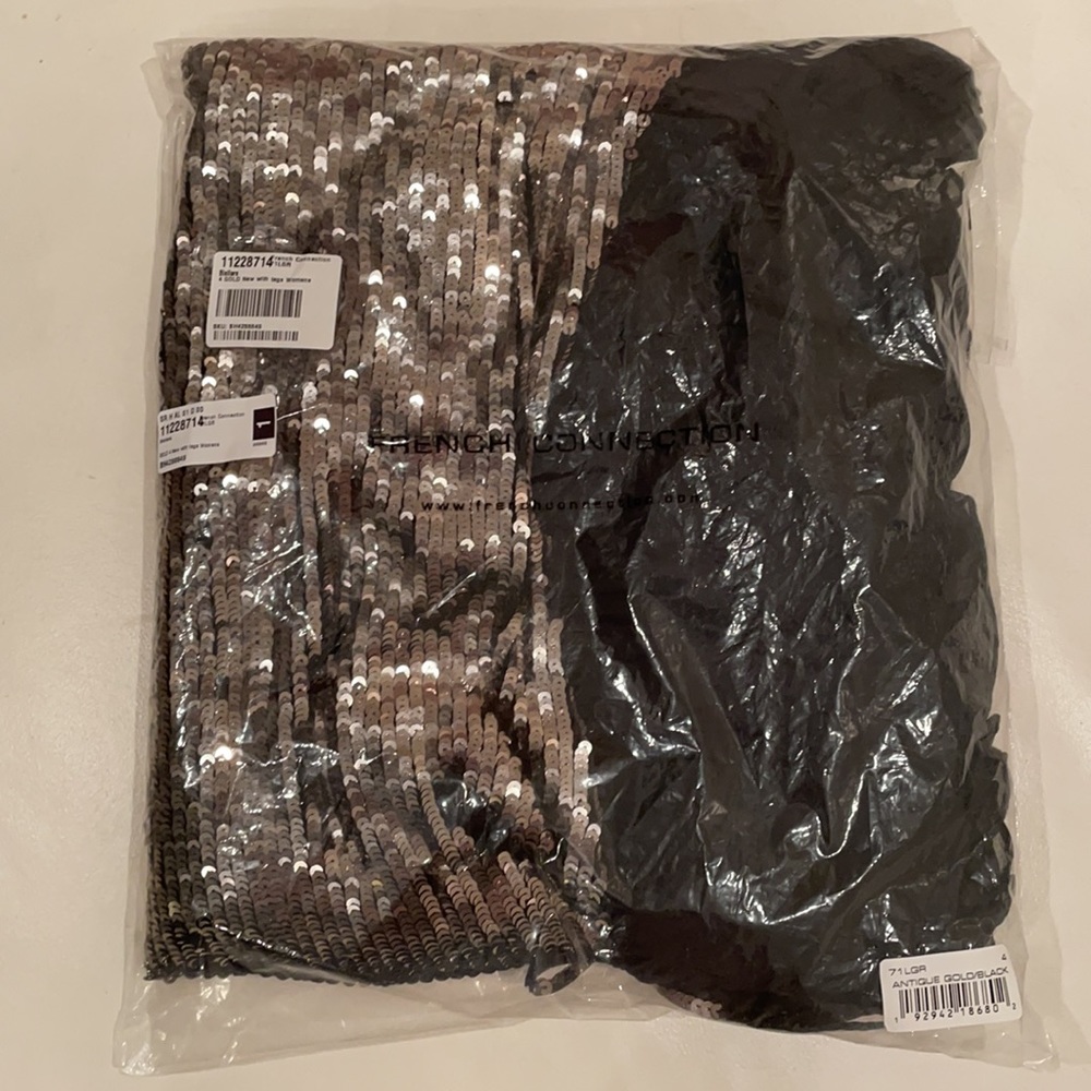 French Connection metallic antique gold blck embellished sequin ruffle NWT HP 6 - Picture 15 of 17